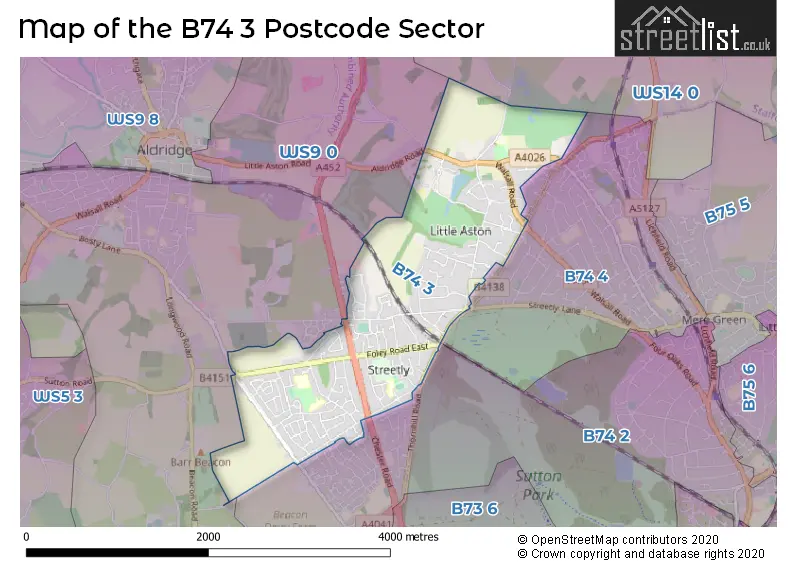 Map of the B74 3 and surrounding postcode sector