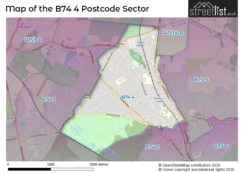 Map of the B74 4 and surrounding postcode sector