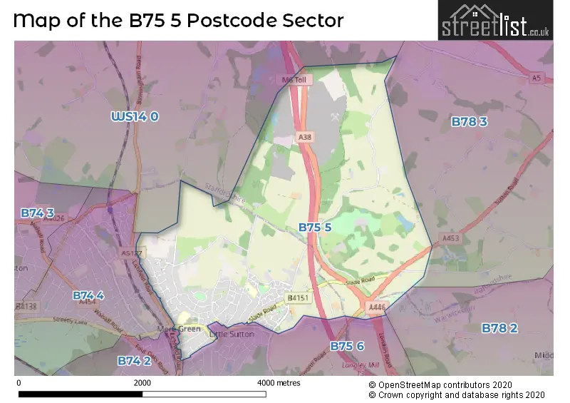 Map of the B75 5 and surrounding postcode sector