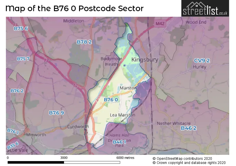 Map of the B76 0 and surrounding postcode sector