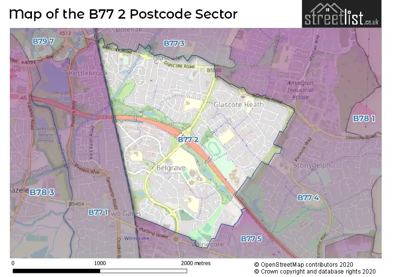 Map of the B77 2 and surrounding postcode sector