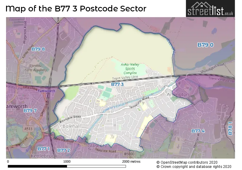 Map of the B77 3 and surrounding postcode sector
