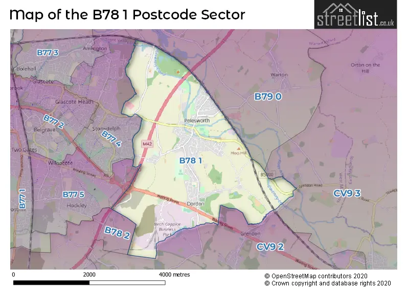 Map of the B78 1 and surrounding postcode sector