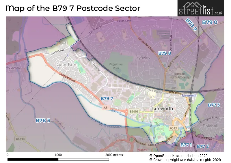 Map of the B79 7 and surrounding postcode sector