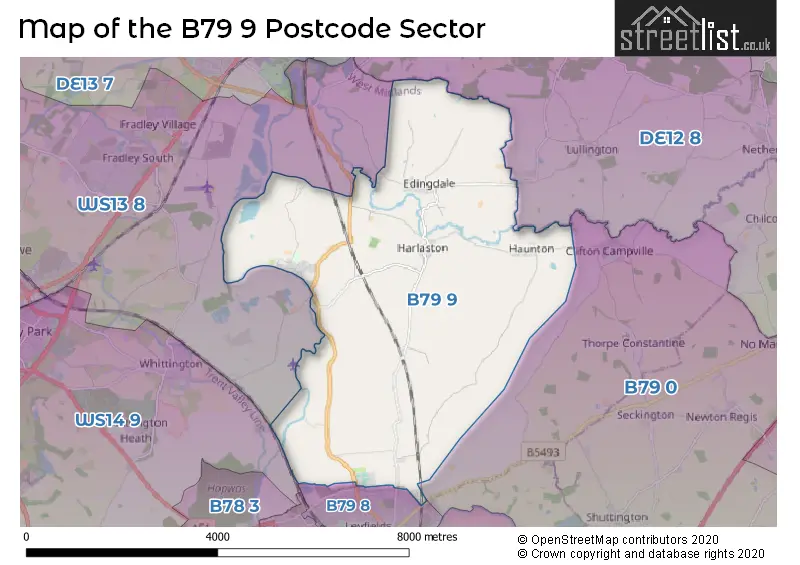 Map of the B79 9 and surrounding postcode sector