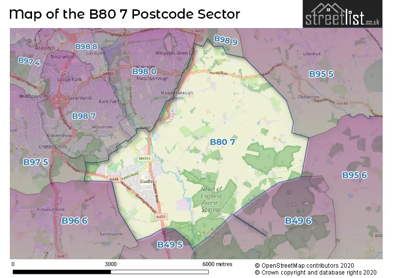Map of the B80 7 and surrounding postcode sector