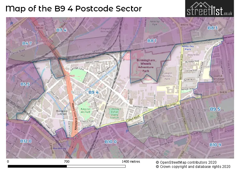 Map of the B9 4 and surrounding postcode sector