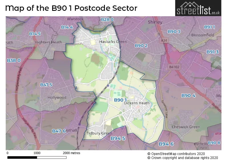 Map of the B90 1 and surrounding postcode sector