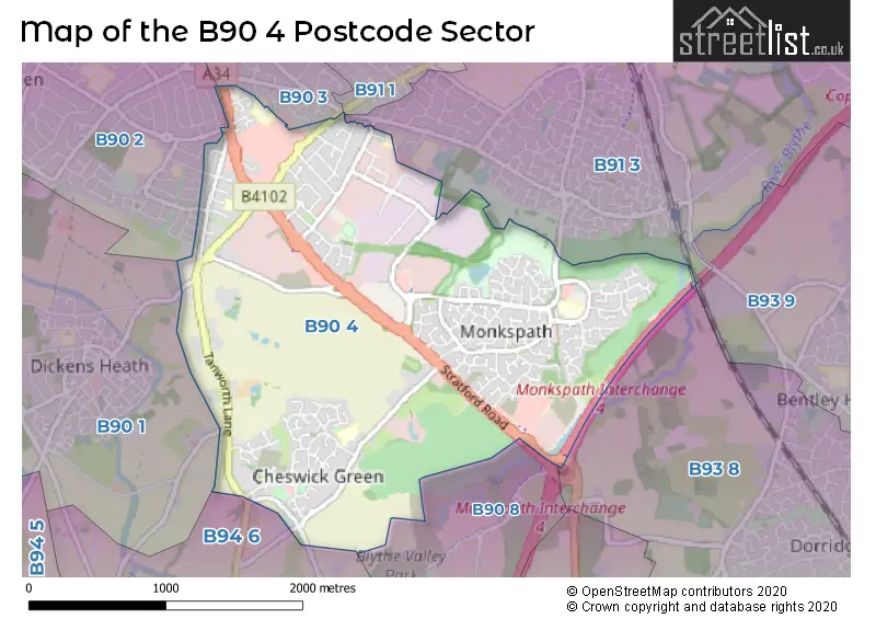 Map of the B90 4 and surrounding postcode sector