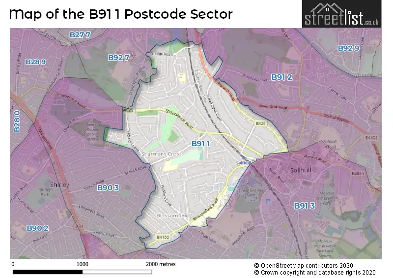 Map of the B91 1 and surrounding postcode sector