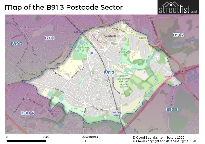 Map of the B91 3 and surrounding postcode sector