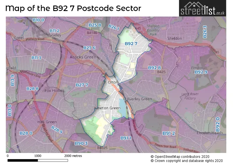 Map of the B92 7 and surrounding postcode sector