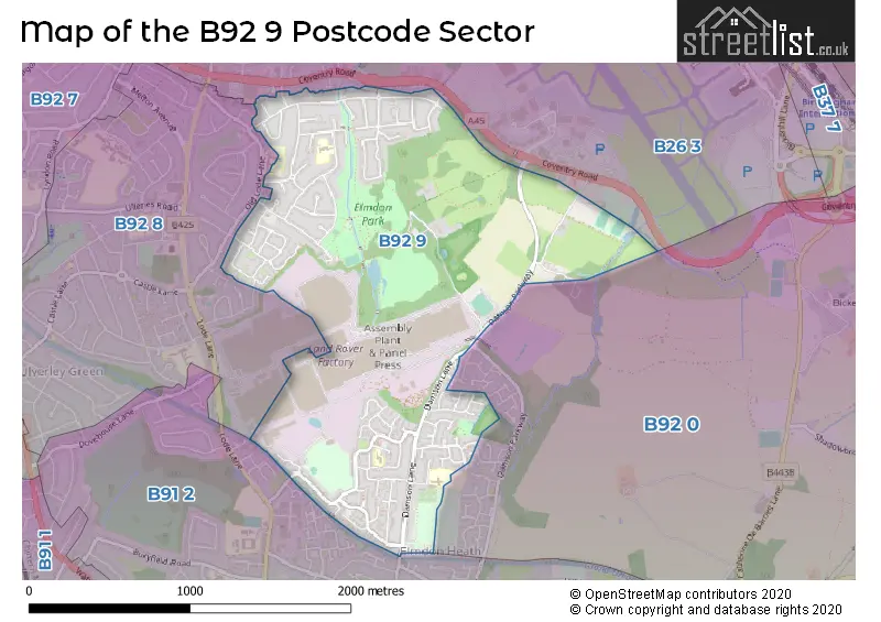 Map of the B92 9 and surrounding postcode sector