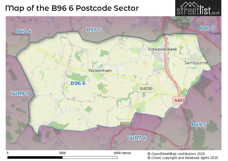 Map of the B96 6 and surrounding postcode sector