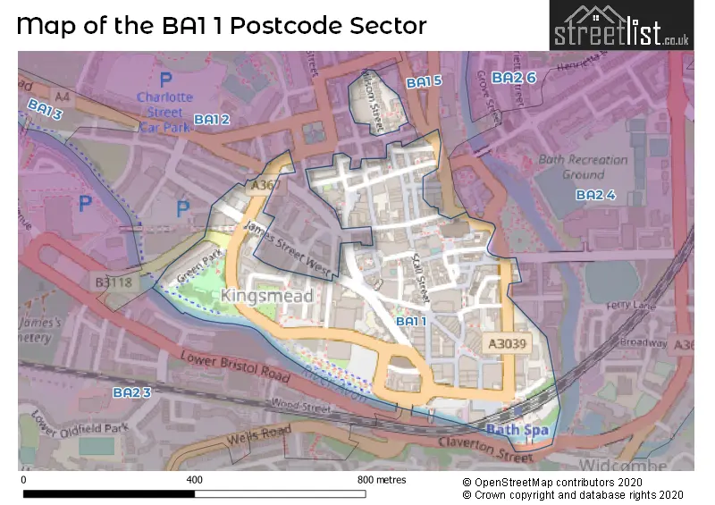 Map of the BA1 1 and surrounding postcode sector