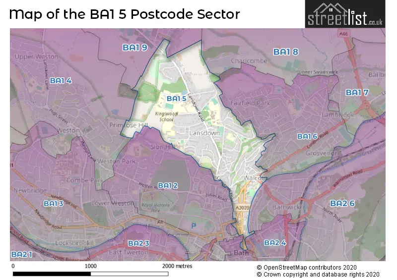 Map of the BA1 5 and surrounding postcode sector