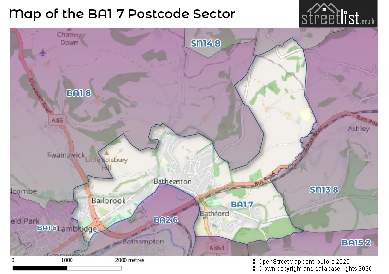 Map of the BA1 7 and surrounding postcode sector