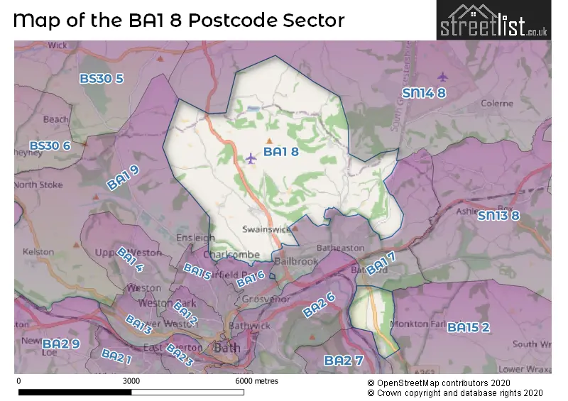 Map of the BA1 8 and surrounding postcode sector