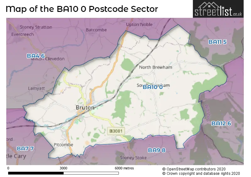 Map of the BA10 0 and surrounding postcode sector