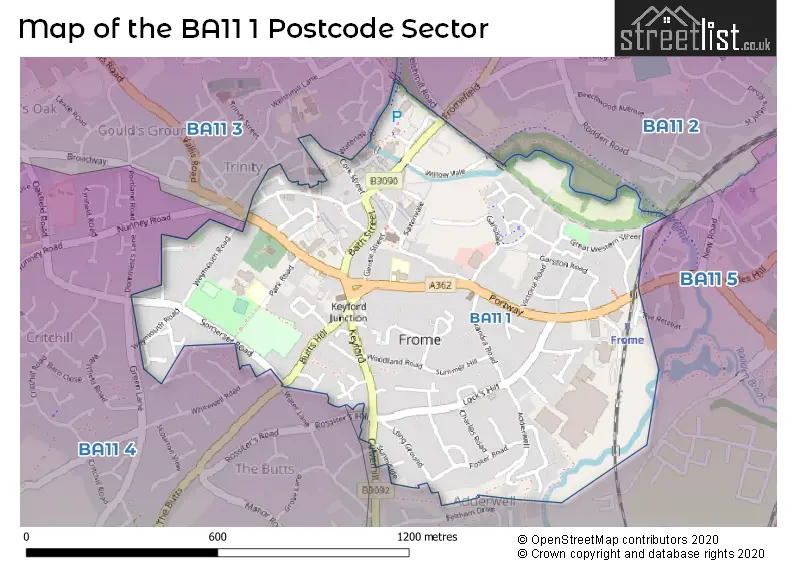 Map of the BA11 1 and surrounding postcode sector