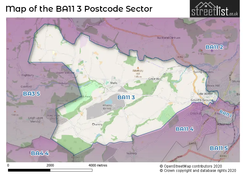 Map of the BA11 3 and surrounding postcode sector