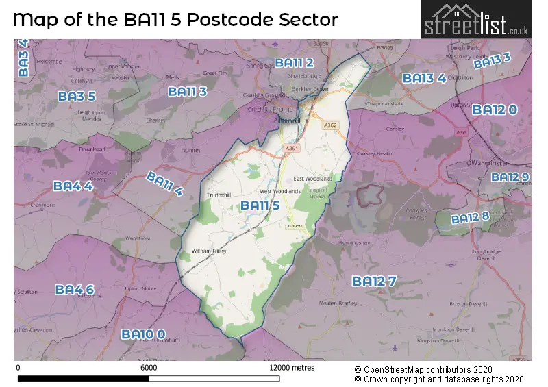 Map of the BA11 5 and surrounding postcode sector