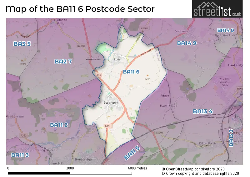 Map of the BA11 6 and surrounding postcode sector