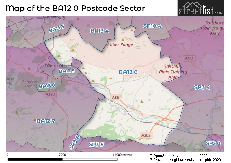 Map of the BA12 0 and surrounding postcode sector