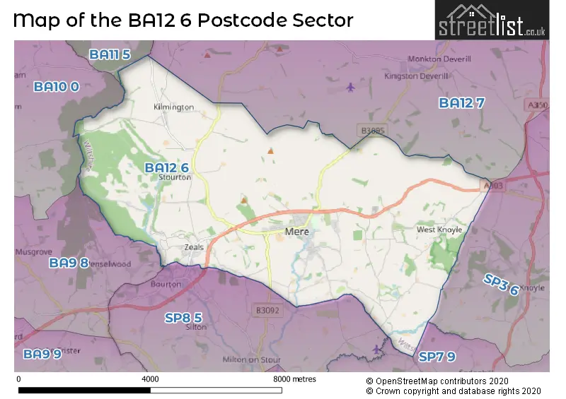 Map of the BA12 6 and surrounding postcode sector