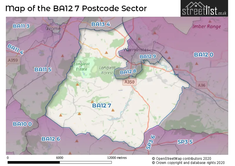 Map of the BA12 7 and surrounding postcode sector