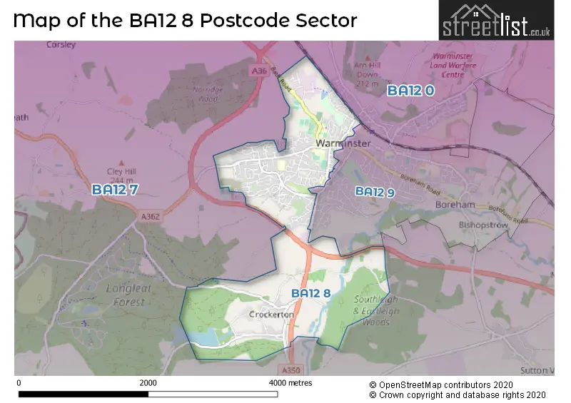 Map of the BA12 8 and surrounding postcode sector