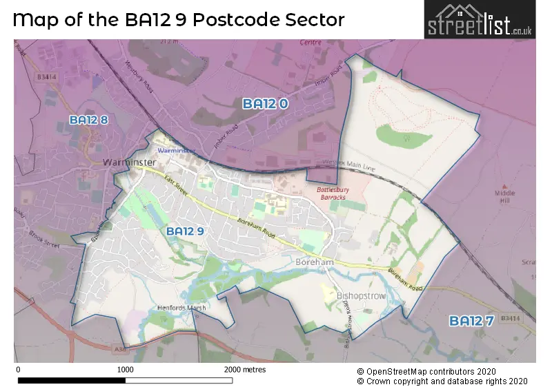 Map of the BA12 9 and surrounding postcode sector