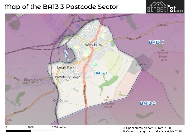 Map of the BA13 3 and surrounding postcode sector