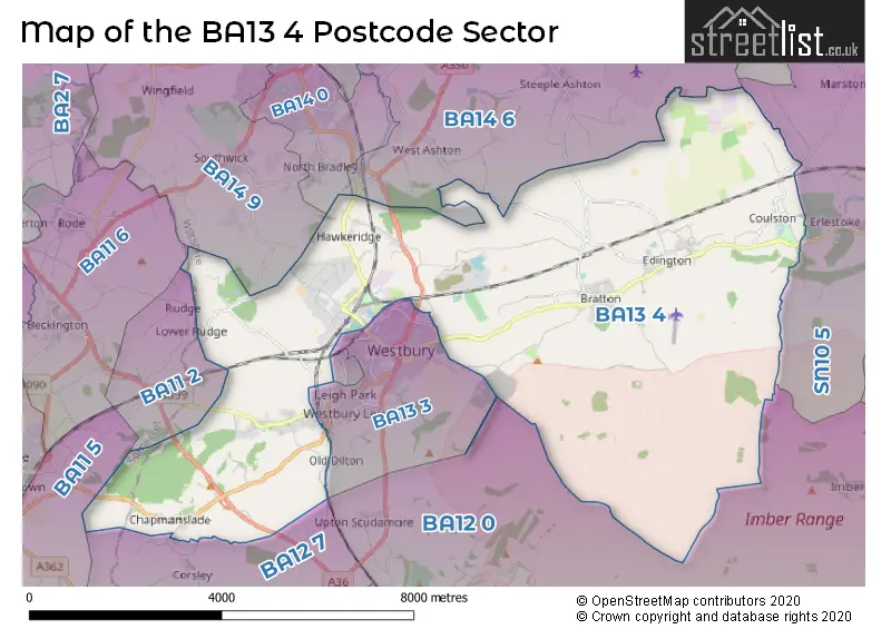 Map of the BA13 4 and surrounding postcode sector