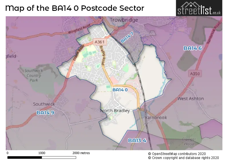 Map of the BA14 0 and surrounding postcode sector