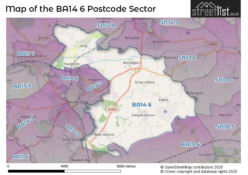 Map of the BA14 6 and surrounding postcode sector