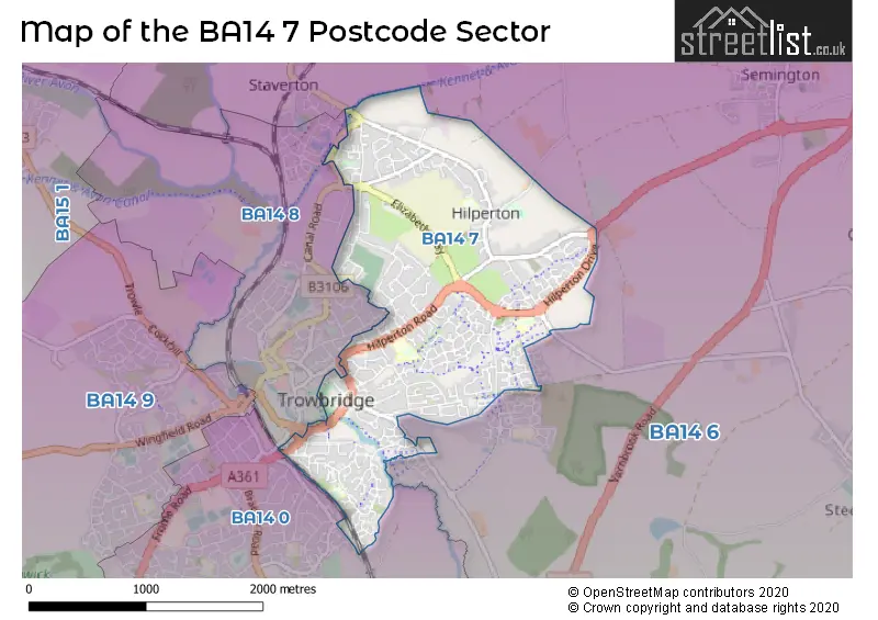 Map of the BA14 7 and surrounding postcode sector