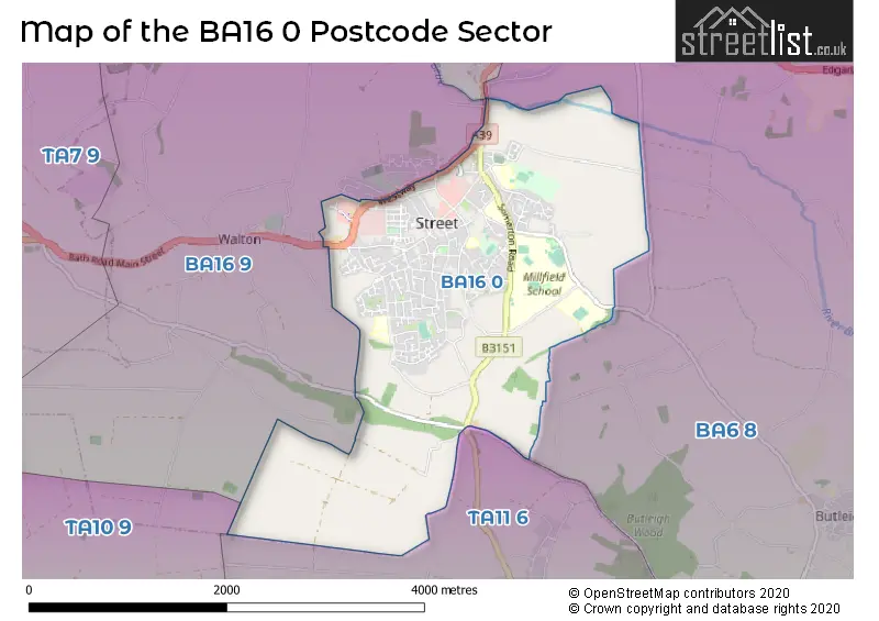 Map of the BA16 0 and surrounding postcode sector