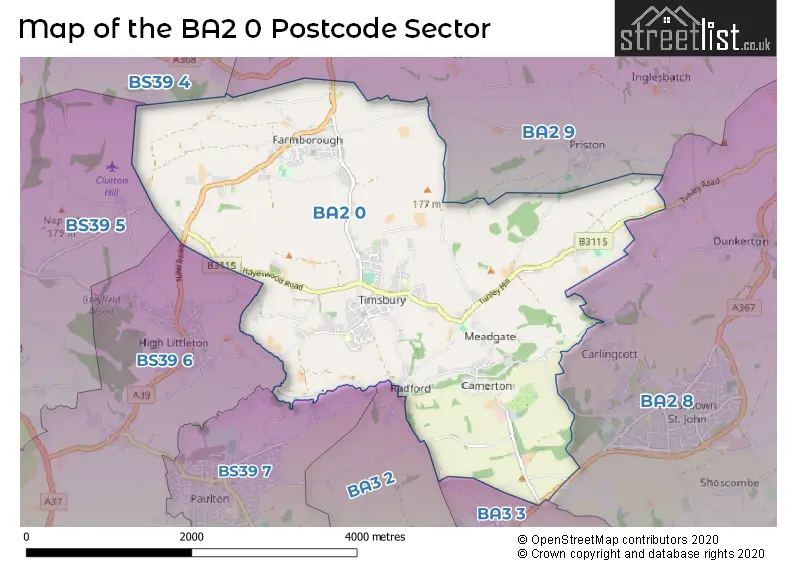 Map of the BA2 0 and surrounding postcode sector