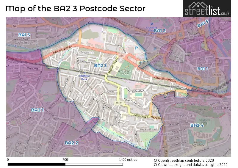Map of the BA2 3 and surrounding postcode sector