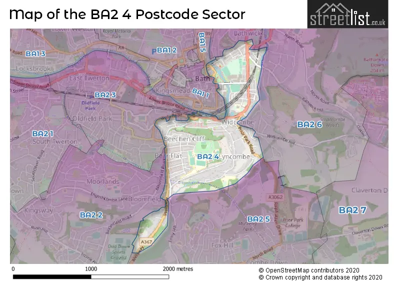 Map of the BA2 4 and surrounding postcode sector