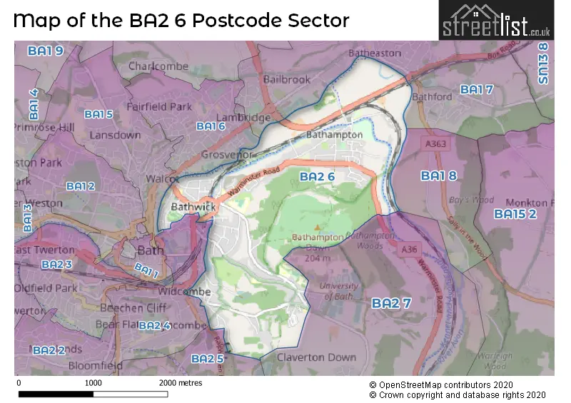 Map of the BA2 6 and surrounding postcode sector