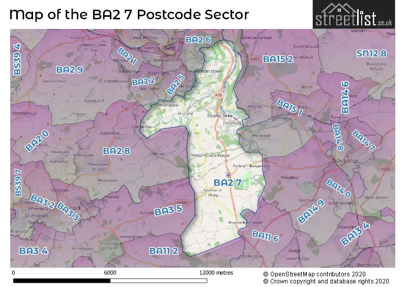 Map of the BA2 7 and surrounding postcode sector