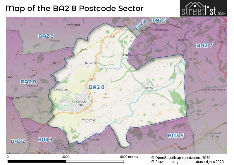 Map of the BA2 8 and surrounding postcode sector
