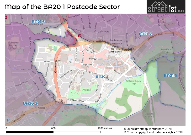 Map of the BA20 1 and surrounding postcode sector