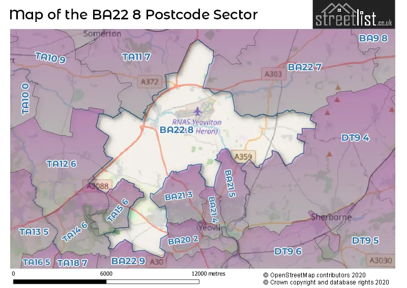 Map of the BA22 8 and surrounding postcode sector