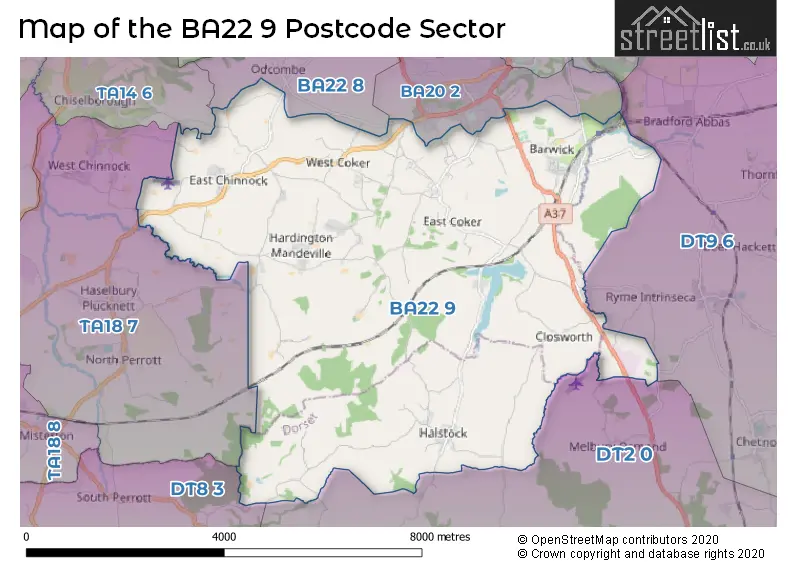 Map of the BA22 9 and surrounding postcode sector