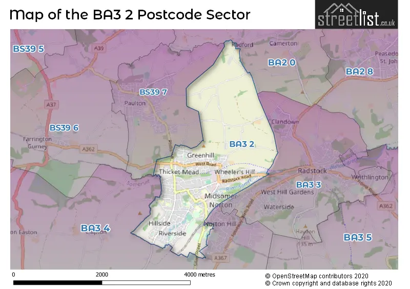 Map of the BA3 2 and surrounding postcode sector