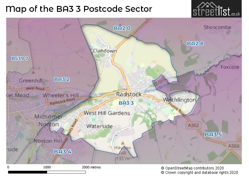 Map of the BA3 3 and surrounding postcode sector