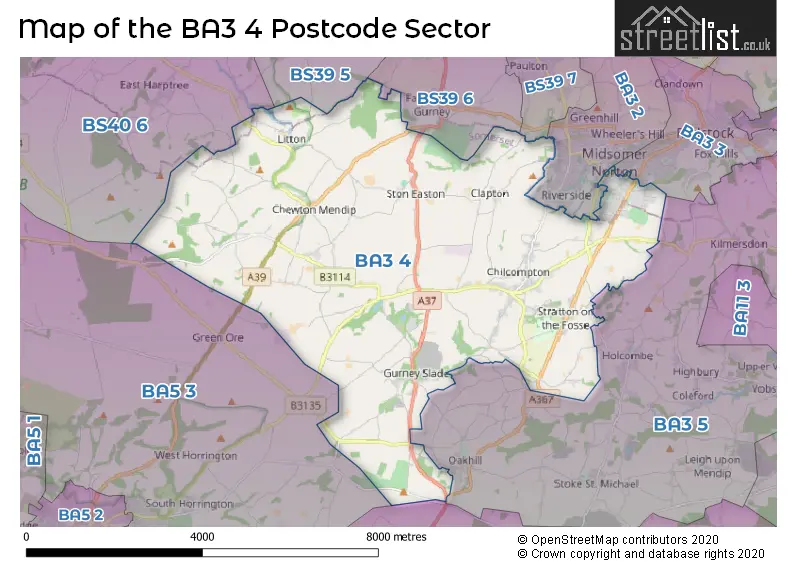 Map of the BA3 4 and surrounding postcode sector